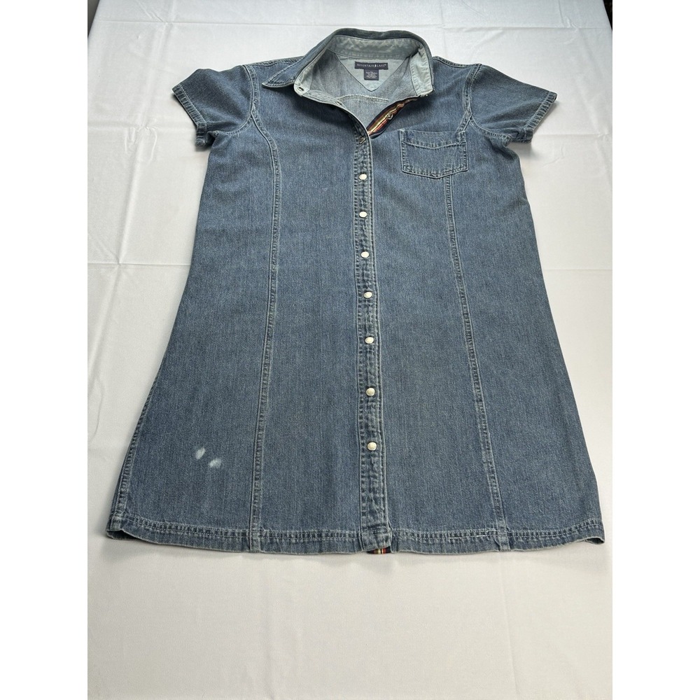 Mountain Lake Denim Shirt Dress M Blue Snap Front Y2K Distressed 100% Cotton
